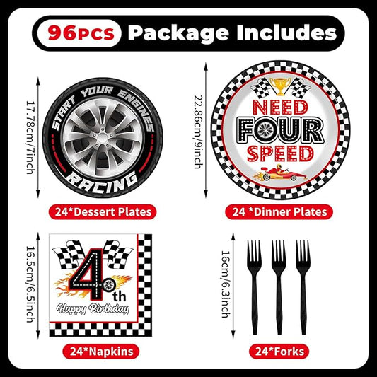 96Pcs Racing Car 4th Birthday Party Paper Plates and Napkins for Need Four Speeed Dessert Cake Plate Disposable Decor Racing Checkered Flag Tableware for Boy Kids Race Car 4 Years Birthday Decorations