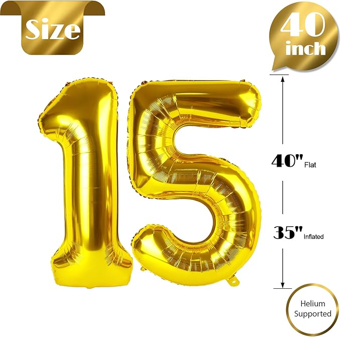 Gold Number 15 Balloon 40 inch, 15 Number Balloons, 15th Gold Birthday Decorations, 15 Year Old Girls Boys Golden Party Supplies
