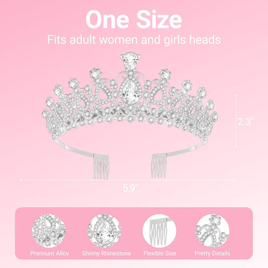Birthday Tiara and Crown with Sash, Birthday Tiara for Women Party (Silver)