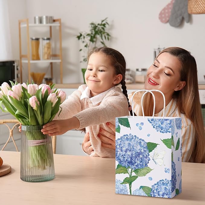 24 Pcs Floral Gift Bags Watercolor Hydrangea Paper Gift Bags with Handles Summer Party Favor Bag for Wedding Birthday Baby Shower
