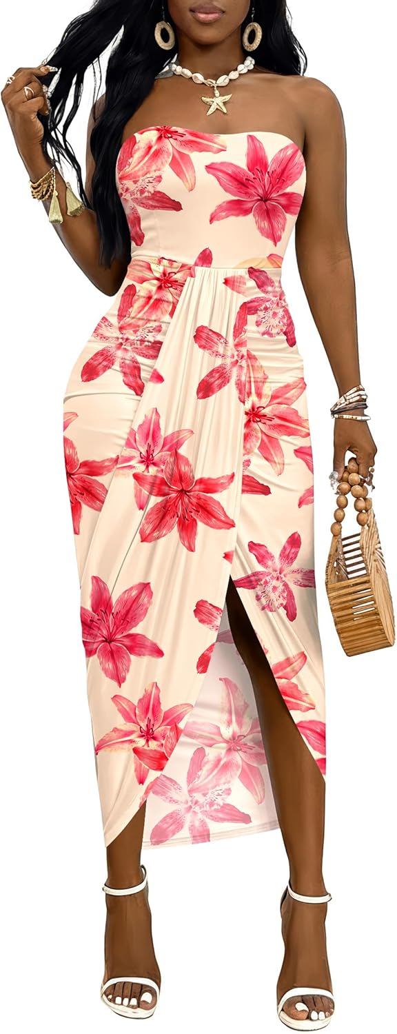 Umenlele Women's Strapless Ruched High Waist Wrap Split Asymmetrical Beach Maxi Long Dress