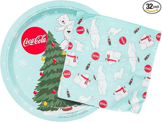 Silver Buffalo Coca-Cola Polar Bears Christmas Tree 32 Pack Partyware Disposable Paper Plates and Napkins