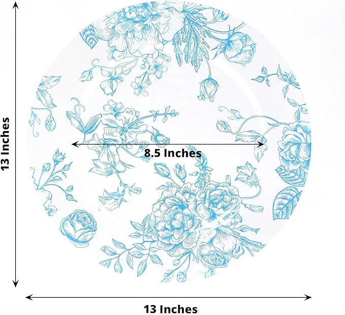 Efavormart 6 Pack Floral Acrylic Charger Plates in French Toile Pattern, Clear Light Blue Round Dinner Charger Event Tabletop Decor - 13"