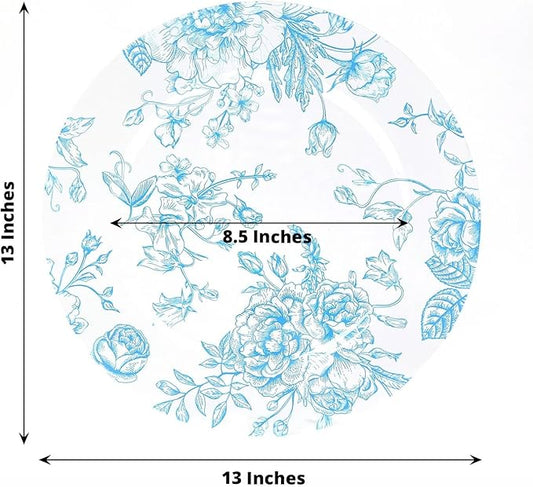 Efavormart 6 Pack Floral Acrylic Charger Plates in French Toile Pattern, Clear Light Blue Round Dinner Charger Event Tabletop Decor - 13"