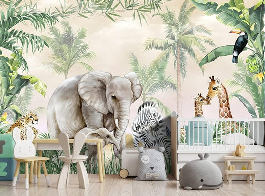 Tropical Animal Plants wallpeper Nursery Kids Bedroom Elephant Wall Mural - 137"x96"（Not Peel and Stick）