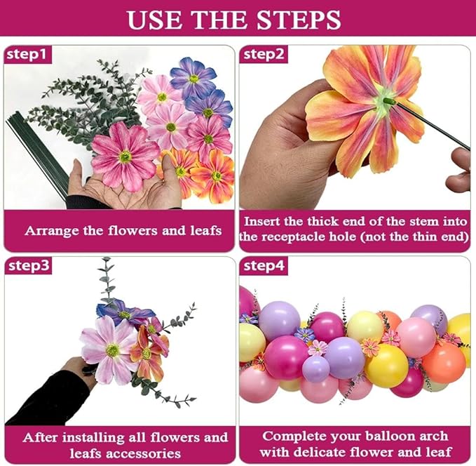 Hot Pink Purple Balloon Arch Double Stuffed Balloons with Cosmos Artificial Flowers Eucalyptus Leaves Pastel Yellow Peach Magenta Latex Garland for Wildflower Birthday Baby Shower Wedding Party Decor