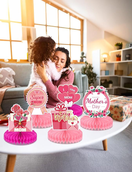 Mothers Day Table Decorations - Happy Mothers Day Centerpieces for Tables, 9Pcs Pink Super Mom Theme Honycomb Centerpieces, 3D Flowers and Heart Table Toppers, for Mother‘s Party Supplies