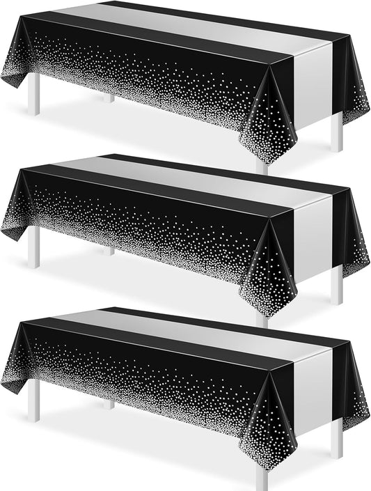 3Pcs Black and Silver Tablecloth Party Decorations,Plastic Black Table Cloth Printed Silver Table Runner Disposable Rectangle Table Cover for Birthday Anniversary Wedding Graduation Party,54 x108 Inch