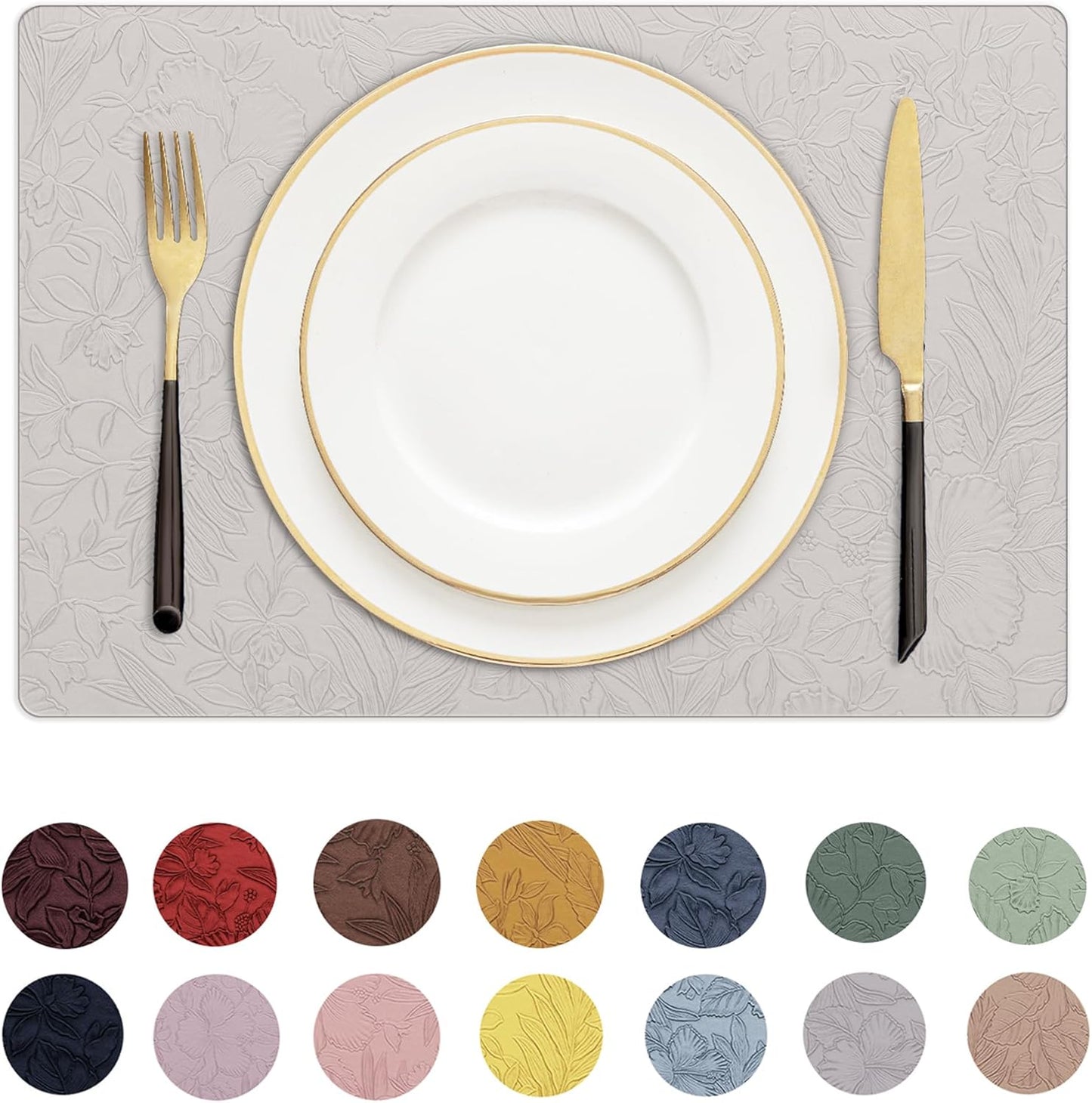 Romanstile Vinyl Placemats Set of 6-12 X 18 Inch - Heat Resistant Non-Slip Embossed Floral Place Mats 100% Waterproof Oilproof Wipeable Faux Leather Table Mats for Kitchen/Dining/Party, LightGrey