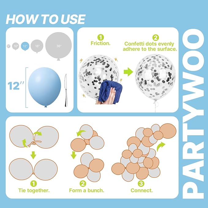 PartyWoo Blue and Silver Balloons 65pcs 12 Inch Light Pastel Baby Metallic Pearl Blue Metallic Chrome Silver Confetti Balloons for Gender Reveal Wedding Baby Shower Birthday Party Decorations
