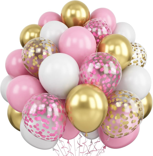 Balloons Pink Gold Confetti, 60 Packs 12 Inch Pink White Metallic Gold Balloon for Girls Birthday Wedding Bridal Baby Shower Princess Party Decorations