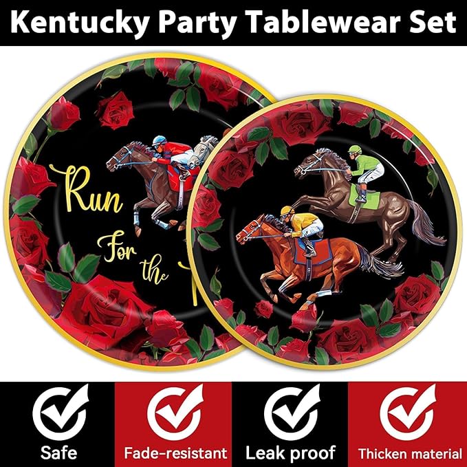 OBUSATT 96PCS Run for The Roses Party Supplies Horse Racing Paper Disposable Plates Napkins Forks Derby Party Decorations Dinnerware Set for Horse Theme Birthday Favor Tableware Serves 24