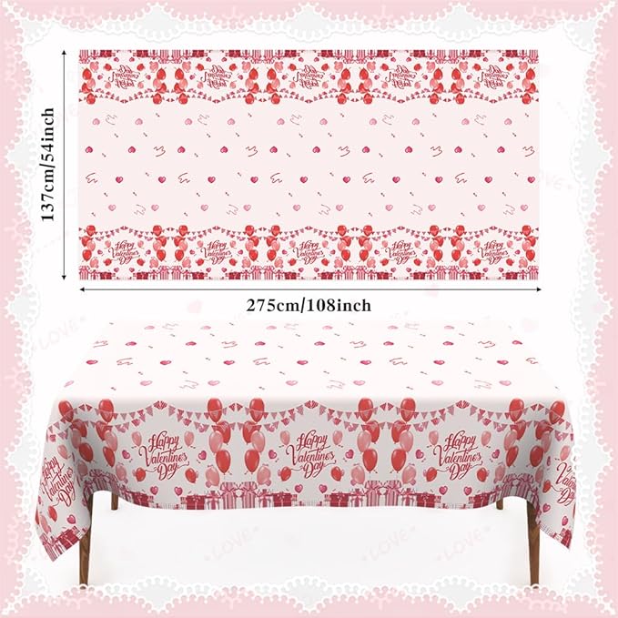 2 PCS Valentine Tablecloth(54x108 Inch) Plastic Valentines Day Table Cover Cloth Tablecloths for Valentines Party Favors Supplies Decorations Galentines Home Kitchen Desk Decor Backdrop Photo Props