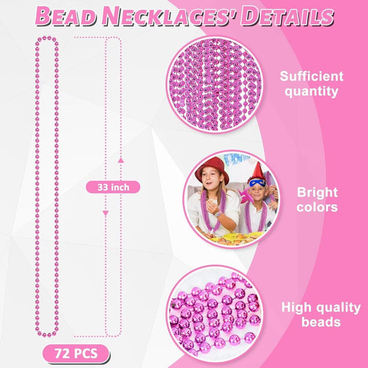 72PCS Bead Necklace, 33" Breast Cancer Awareness Necklaces Bulk, Mardi Gras Bead Necklace Costume, Festival Parade Throw Accessories for Wedding Birthday Gender Reveal Party Events Supplies Decor