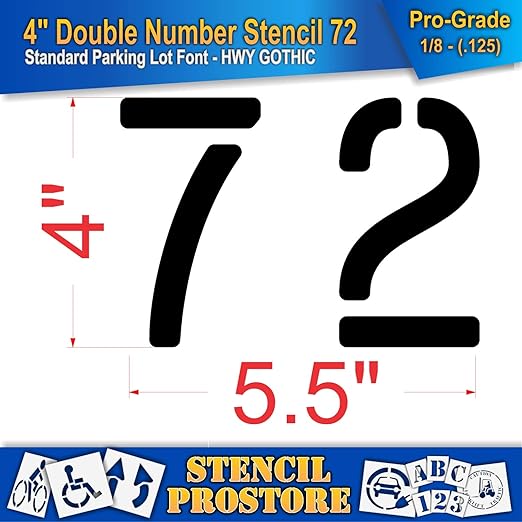 Pavement, Curb, and WheelStop Stencils - 4 inch Double Number Stencil - (72) - 4" x 5.5" x 1/8" (128 mil) - Pro-Grade
