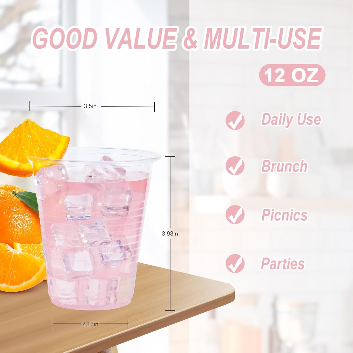 12 oz Clear Plastic Cups, 300 Count Bulk, PP Clear Plastic Cups for Party with Higher Heat Resistance, Suit for Hot Beverages, Soda, Juice (12oz 300count)
