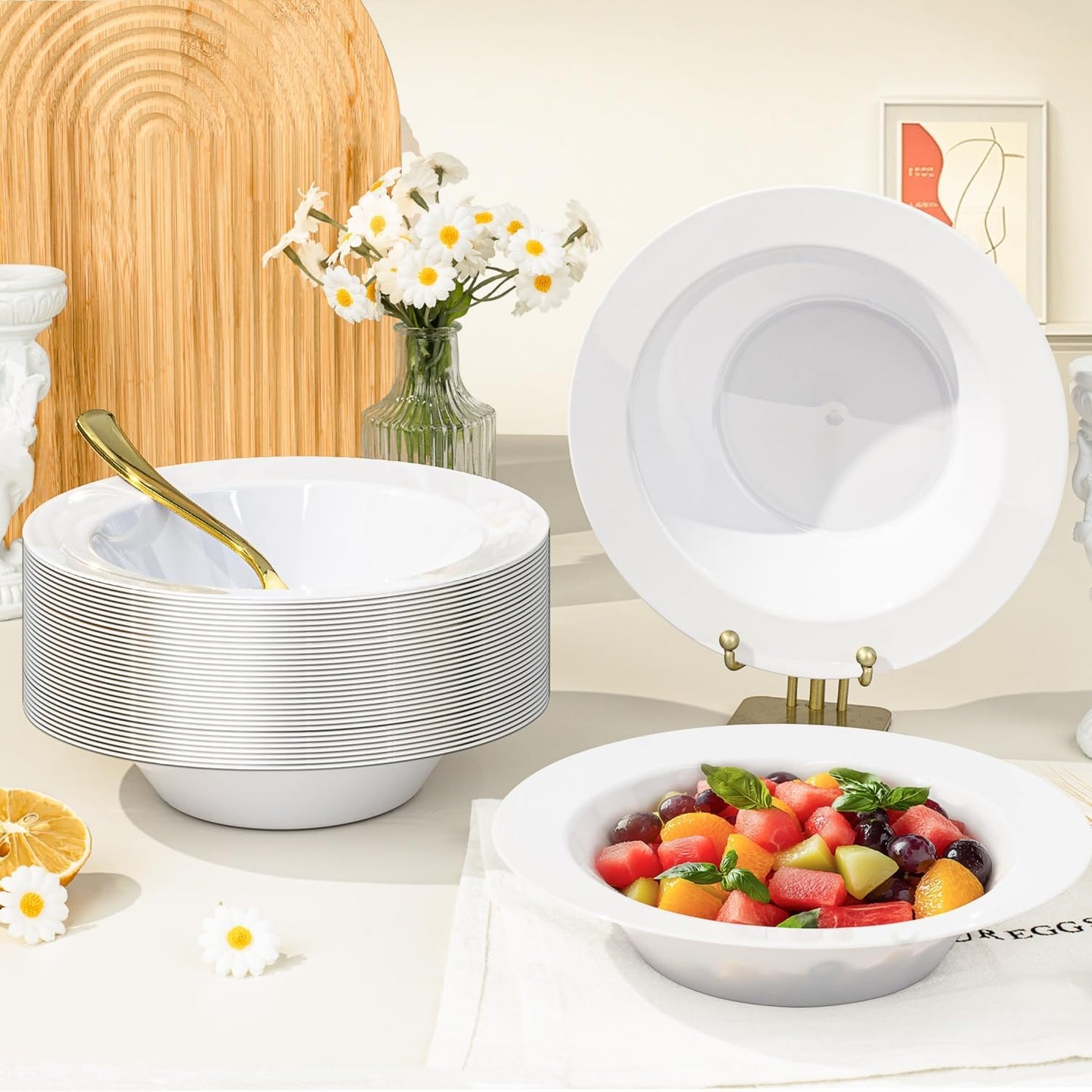 BESTVIP 200PCS White Plastic Bowls, 12 Oz Disposable Bowls Disposable Bowls for Christmas, Thanksgiving, Parties, Wedding, Soak Proof Bowls for Breakfast, Lunch, and Dinner Meals