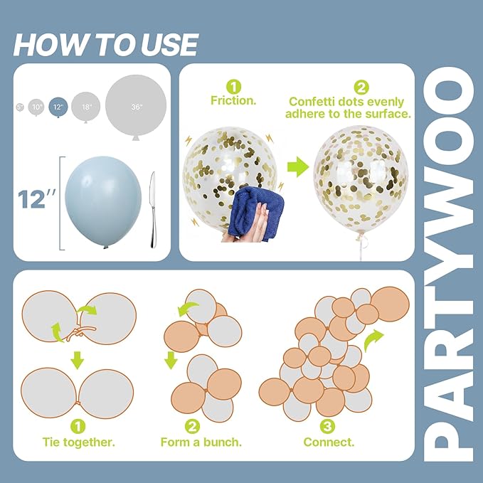 PartyWoo Dusty Blue Balloons 65pcs 12 Inch Light Baby Slate Blue Off White Sand Metallic Gold Boho Confetti Balloons for Graduation Boy Baby Shower Gender Reveal Birthday Wedding Party Decorations
