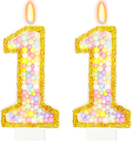 11th Birthday Candle for Cake, Colorful Macaron Numeral Candles for Boys/Girls, Birthday Party Cake Decorations, Golden Cake Topper for Birthday Party Supplies (Number 11)