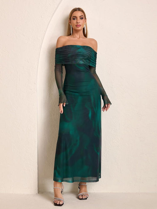 KUTUMAI Women Off Shoulder Bodycon Maxi Dress Long Sleeve Mesh Ruched Party Formal Wedding Guest Dresses