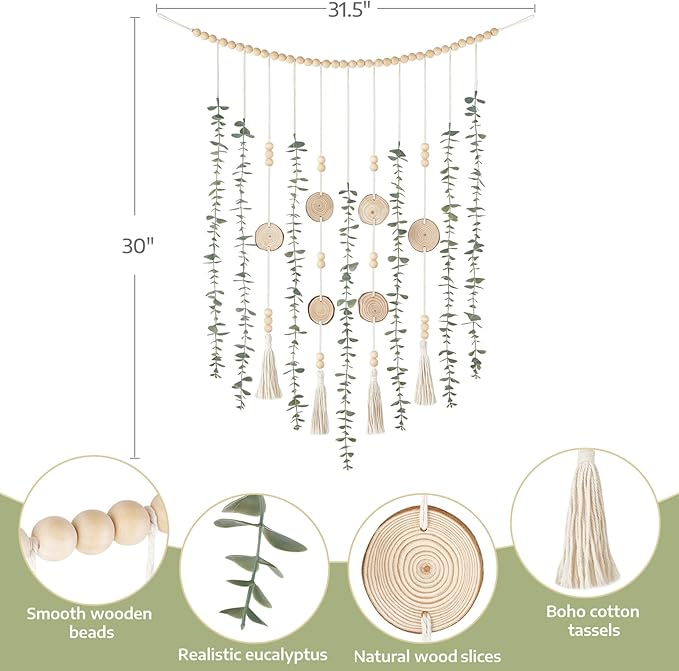 Dahey Hanging Artificial Plant Eucalyptus Wall Decor 31'' Wooden Bead Garland with Fake Greenery Leaves Boho Rustic Farmhouse Wall Art for Living Dining Room Bathroom Bedroom Kitchen Decoration