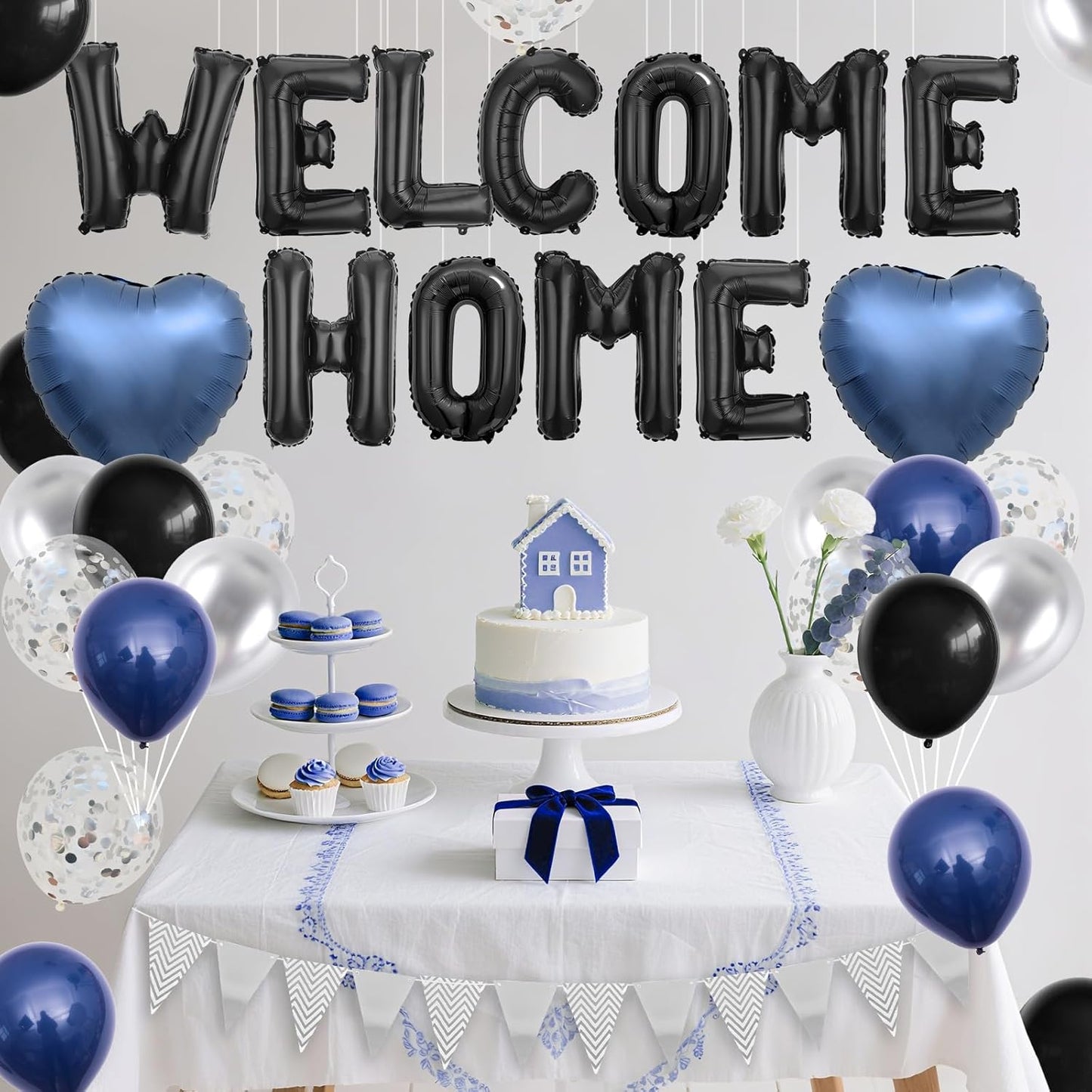 Welcome Home Decorations Black Blue Silver,Black Welcome Home Foil Balloon Banner with Navy Blue Heart Balloons Pennant Flag Bunting for Housewarming Baby Shower Family Party Supplies
