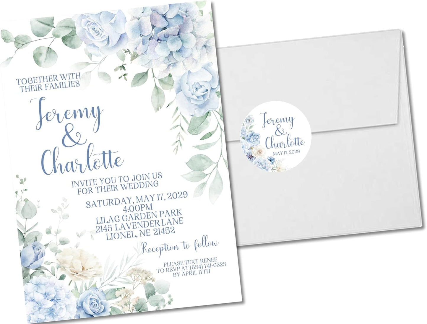 Blue Hydrangea Wedding Invitations, Garden Floral, Personalized, Set of 12 Invitations with Envelopes