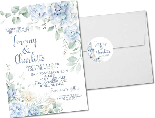Blue Hydrangea Wedding Invitations, Garden Floral, Personalized, Set of 12 Invitations with Envelopes