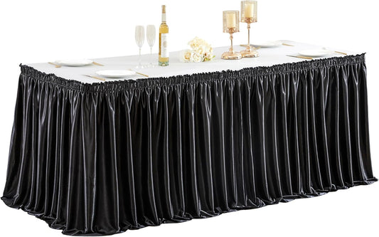 Wish Care 6ft Black Satin Table Skirt for Rectangle Tables Decorations Wrinkle Free Glitter Desk Skirts Pleated Ruffle Table Cloth for Wedding Birthday Party Display Trade Show Teacher Table Skirting