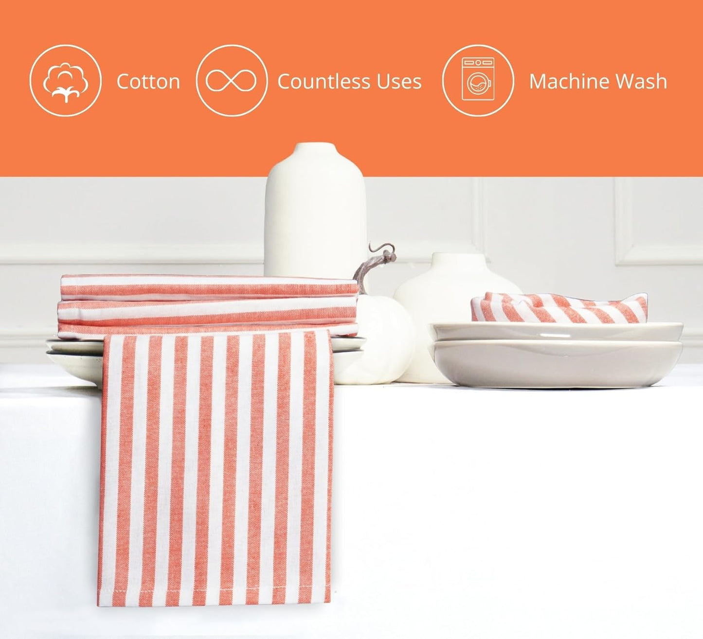 PurpleEssences Plain Striped Cloth Napkins - Set of 12-100% Cotton - 18 x 18 Inch - Fall Thanksgiving - Perfect Everyday Use Dinner Napkin - Orange White