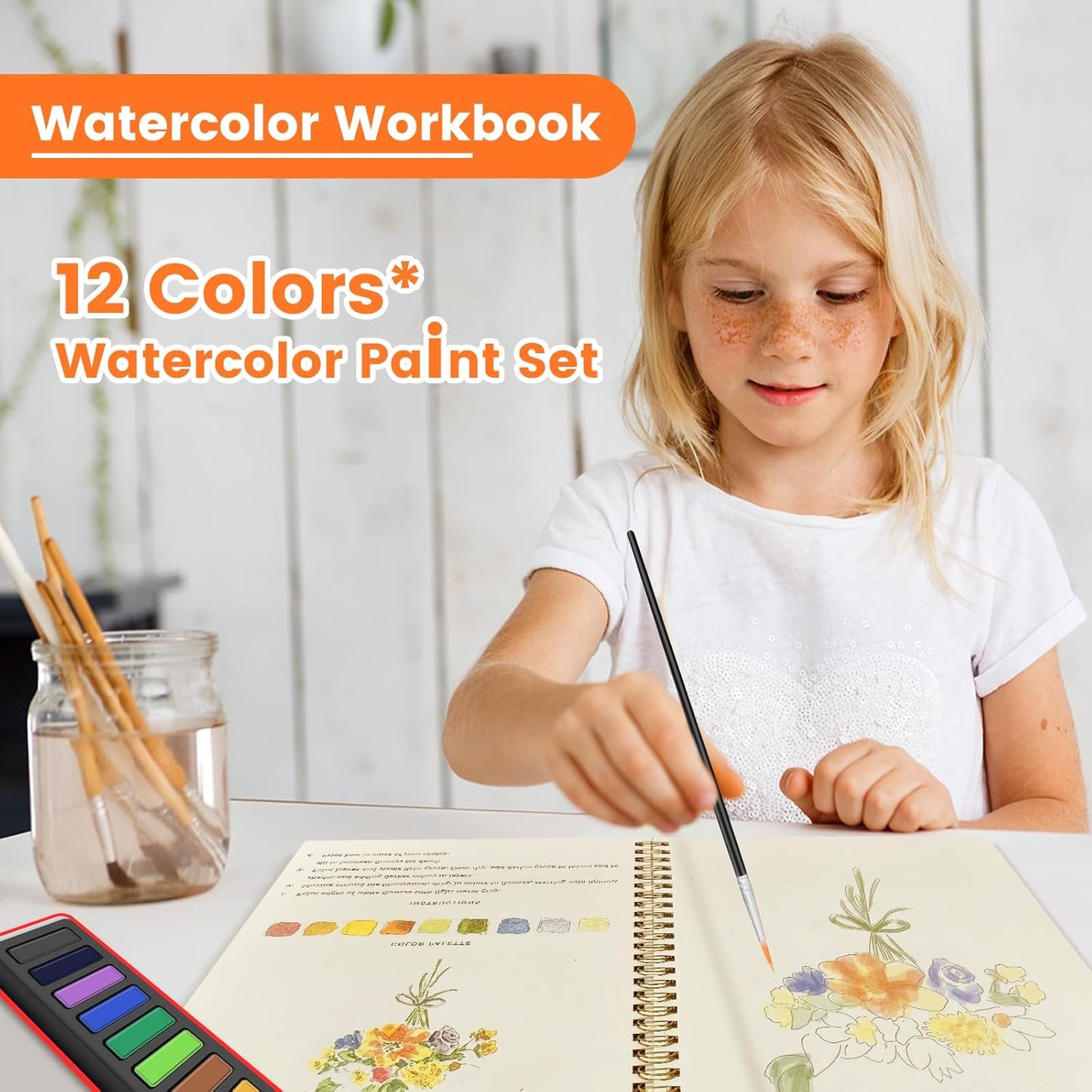 Watercolor Workbook, Water Coloring Book,Watercolor Paint Set, Beginner-Friendly Watercolor Workbooks, with 12 Colors Watercolor Paint Set with Paint Brush - Christmas Gift (Flower A)
