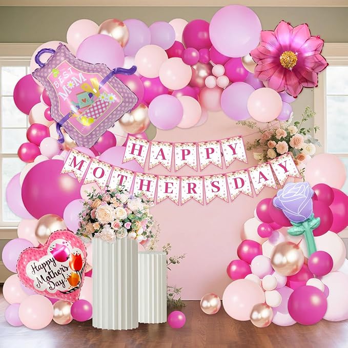 112PCS Mother's Day Balloons Arch Garland Kit Mothers Day Decorations Foil Mothers Day Balloon Flower Best Mom Balloon Latex Hot Pink Rose Gold Pink Balloons Happy Mother's Day Banner Birthday Decor