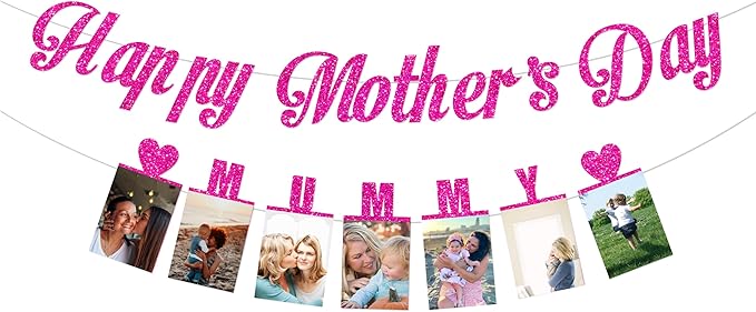 Happy Mother’s Day Banner, Mummy Banner,Mother’s Day Photo Banner,MM Pink Happy Mothers Day Decorations,We Love Mom Mothers Day Garland for Mother’s Day Party Decorations Photo Props(Pre-Assembled) (Pink Blue)