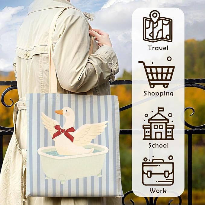 Coquette Red Bow Goose Tote Bag for Women,Funny Wash Goose Canvas Tote Bag,Gifts for Goose Lovers,Blue Striped Aesthetic Reusable Shopping Grocery Bags Party Favors