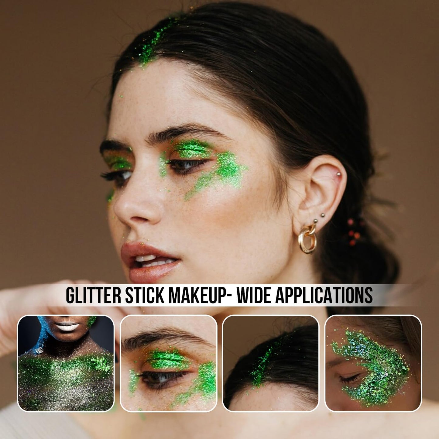 Brzeaf Waterproof Green Body Glitter Stick, Christmas Chunky Glitter for Face/Body/Hair/Eyes/Lip, Singer Concert Music Rave Festival, Glitter Stick Makeup & Face Glitter Gel for Women Men 0.56 OZ