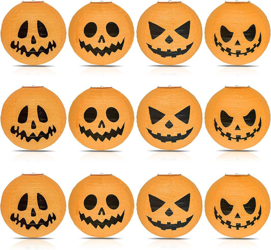 12 Inches 12 Pack Halloween Jack-O-Lantern Paper Lanterns , Halloween Pumpkin Hanging Paper Lantern for Home Outdoor Decoration Party , Multi-Style