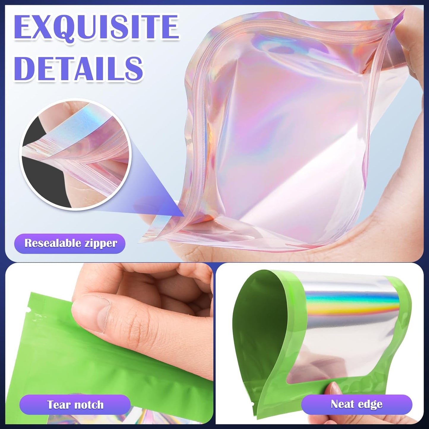 100 Pcs Mylar Bags, Smell Proof Bags Foil Pouch, Holographic Resealable Bags for Small Business, Candy Sample Jewelry Bag Sealable Packaging for Party Favor Food Storage (5.5x7.9in-Green)
