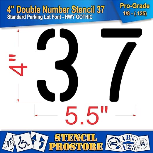 Pavement, Curb, and WheelStop Stencils - 4 inch Double Number Stencil - (37) - 4" x 5.5" x 1/8" (128 mil) - Pro-Grade