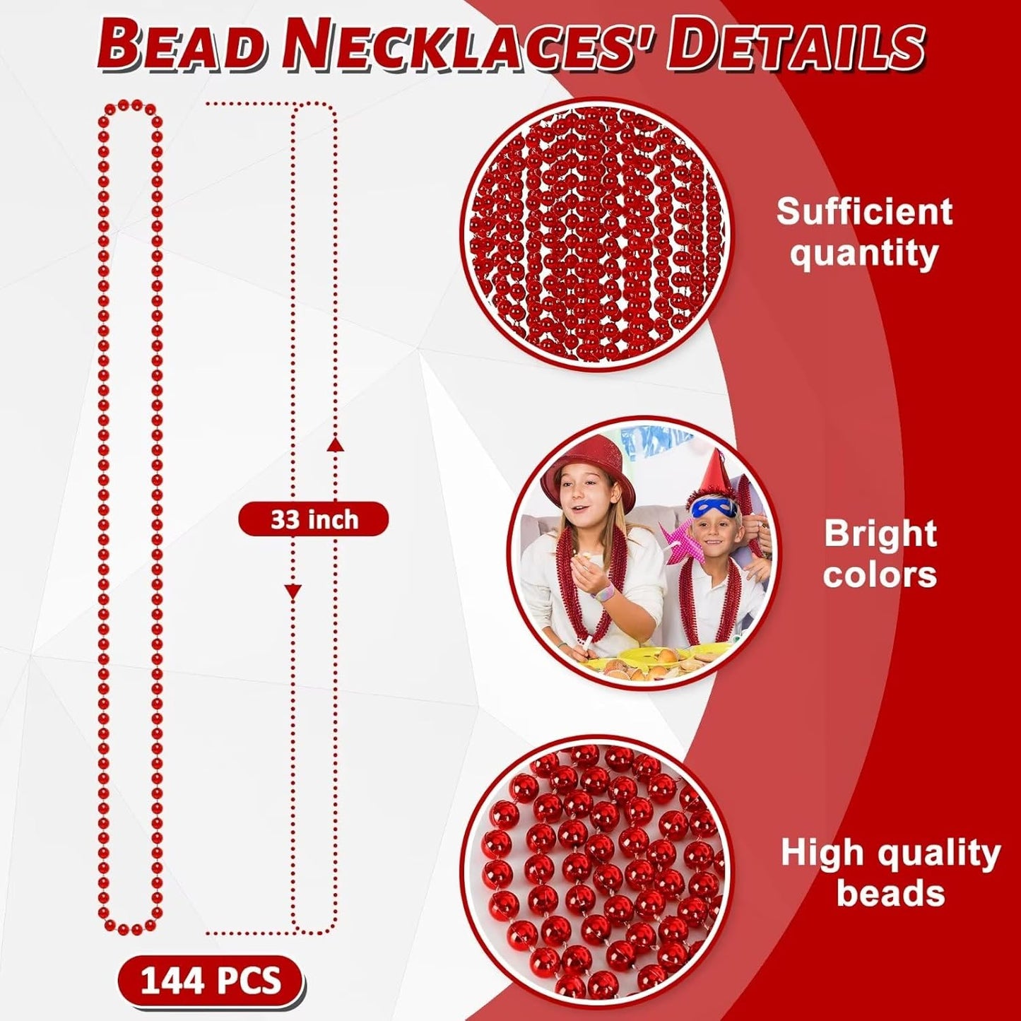 144PCS Bead Necklace, Red Christmas Bead Stuff Party Favors, 33" Necklaces Festival Parade Throw Accessories for Wedding Birthday Valentines Mardi Gras Christmas Celebrations Decorations
