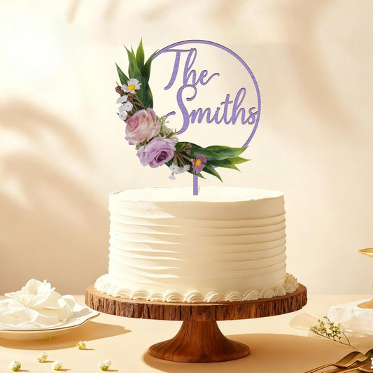 3D Flowers Wedding Cake Topper Custom Last Name Wedding Cake Decoration in Wood with 3D Artificial Roses (Lavender)