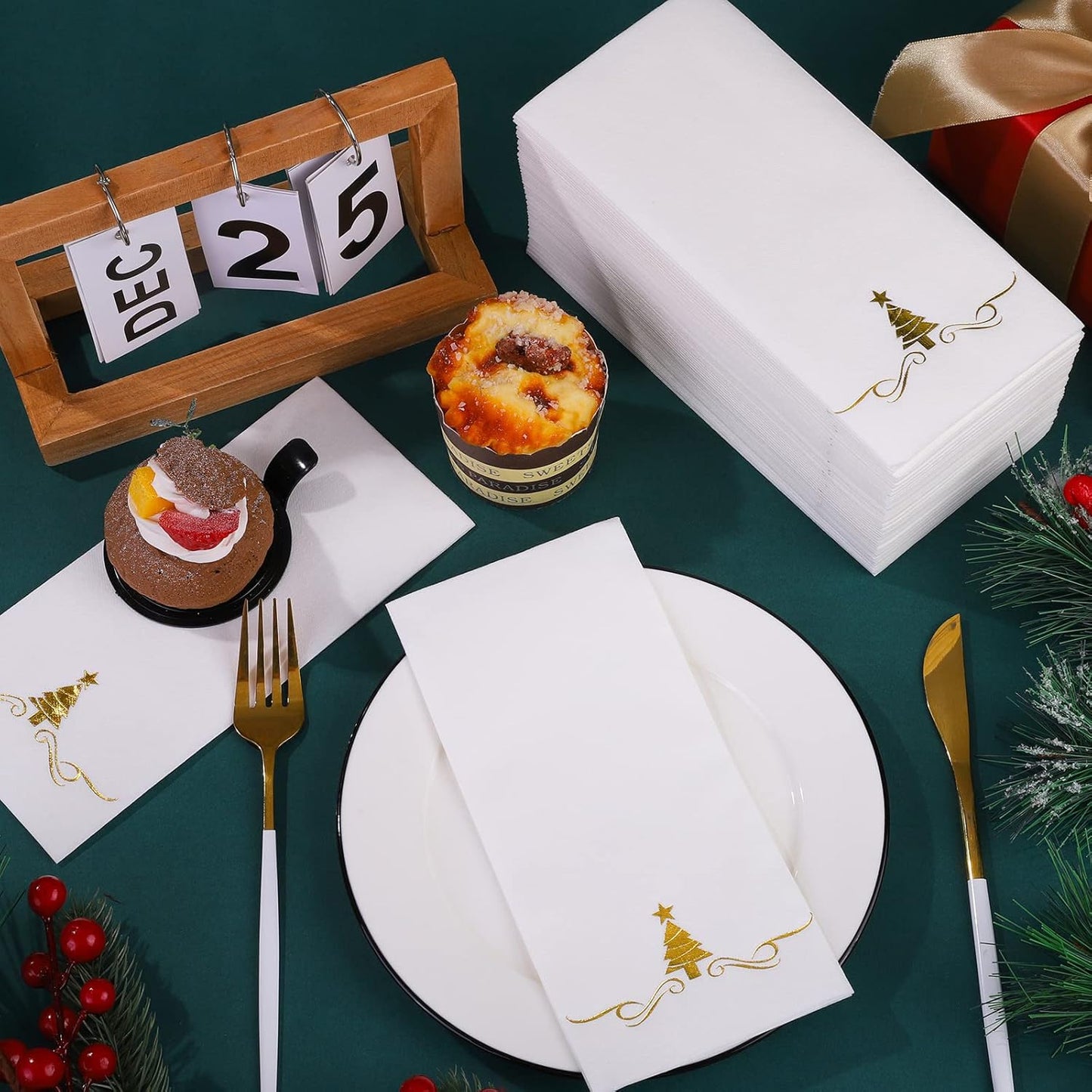 100 Pack Christmas Disposable Guest Napkins 12 x 17 Inch Gold Foil Christmas Trees Napkins Xmas Tree Hand Towels for Bathroom Kitchen Weddings Christmas Holiday Party