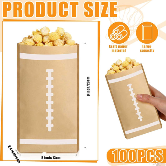 100 Pcs Football Popcorn Bags Football Popcorn Boxes Large Brown Kraft Papers Disposable Rugby Theme Candy Treat snack Bags for Sports Party Birthday Supplies
