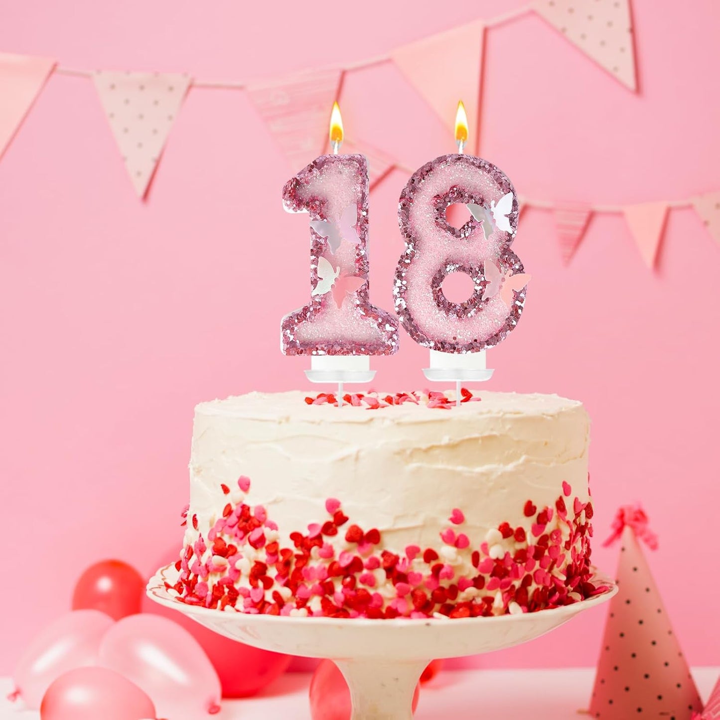 18Th Birthday Candles，Glitter Butterfly Cake Toppers Pink Sequins Wedding Numeral Cupcake Decorations，Suitable for Girl and Boy Wedding Cakes, Party Celebrations, Birthday Decorations (18)