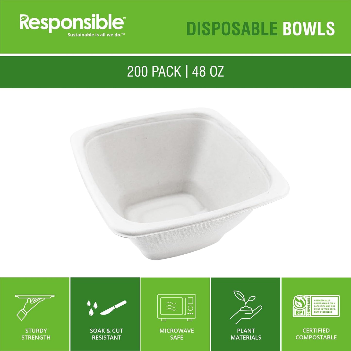 100% Compostable Square Serving Bowls, 48 oz Disposable Paper Bowls, Microwave Safe, Freezer Safe, Soup Safe, No Plastic, Eco-Friendly, Tree-Free, No PFAS. White (200 Count)