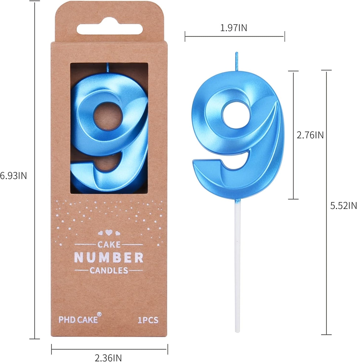 PHD CAKE 2.76 Inch Diamond Blue 9 Number Birthday Candles, Blue Number Candles, Cake Number Candles, Party Celebration