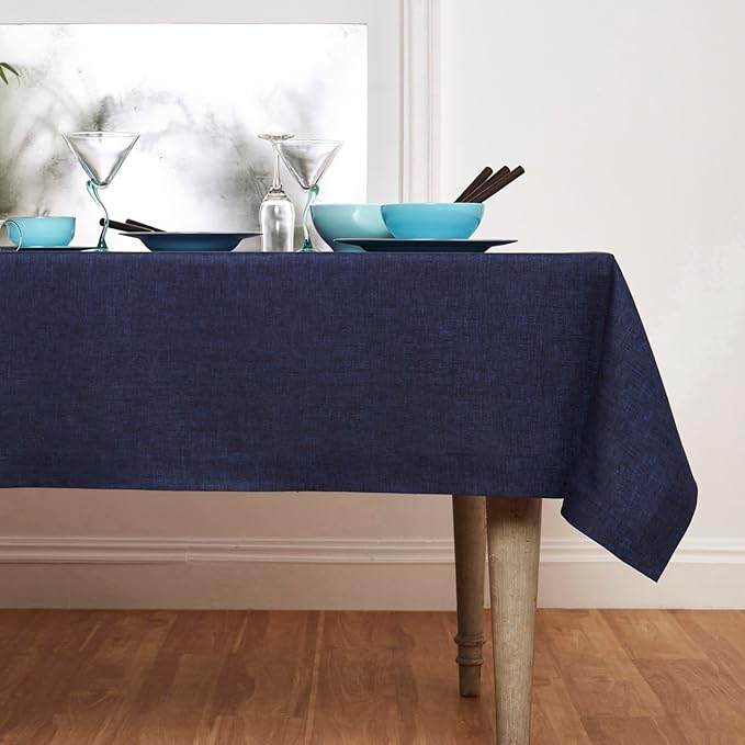 Solino Home Linen Tablecloth 60 x 144 Inch - 100% Pure Linen Chambray Navy Table Cloth for Rectangular Tables - Athena, Machine Washable Cloth Tablecloth for Winter, Spring