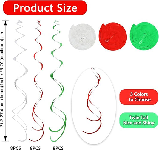 BEISHIDA Red Green Silver Hanging Swirls Party Decorations Plastic Streamer for Christmas Hanging Ornament Decorations, Christmas Wedding Graduation Party Supplies, Pack of 24
