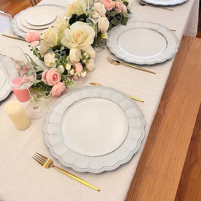 White Antique Charger Plates,13 Inch Metallic Chargers for Dinner Plates, Bead Rim Plastic Chargers For Dining, Wedding, Party,Shower. 6 Pack Decorative Holiday Tabletop Decor
