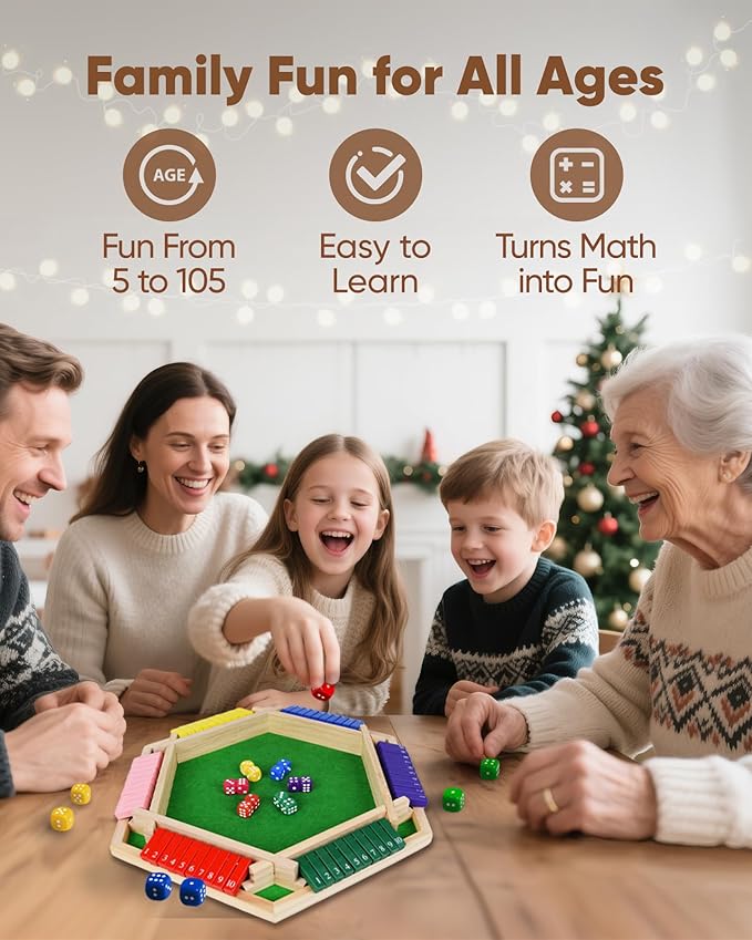 Maiji Planet Original Classic 2-6 Player Shut The Box Game, Math Dice Board Game for Family Night Classroom Travel, Wooden Classic Table for Group Kid Adult Senior Travel Party Bar Easy Quick and Fun