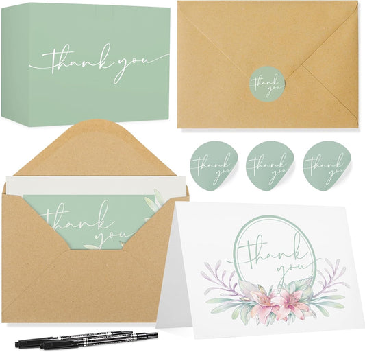 NESCCI 100 PCS Thank You Cards With Envelopes,4x6 Inch Minimalistic Design, Thank You Notes for Wedding,Bridal Shower, Business, Baby Shower, Small Business, Funeral, Graduation(Light Green)